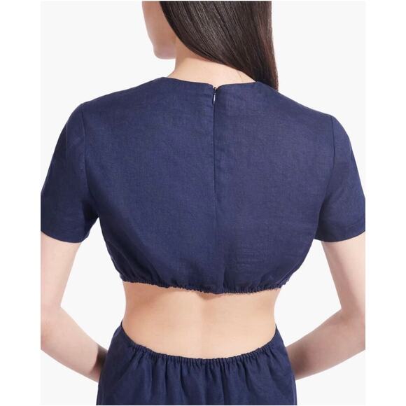 Staud Epona Sheath Dress Large Ring Detail Short Sleeve Cutout Linen Mini Navy L - Picture 3 of 16